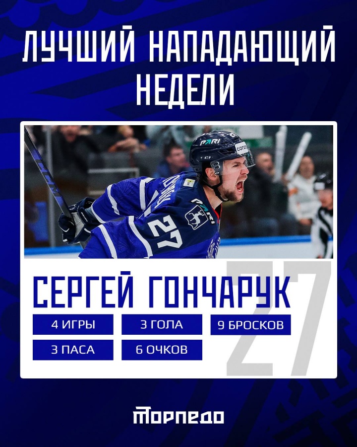 Игрок нижегородского &laquo;Торпедо&raquo; признан лучшим на первой неделе в КХЛ - фото 1